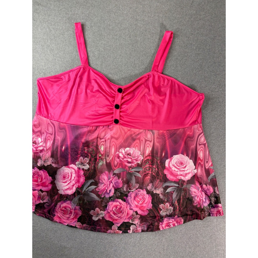 Pink Floral Rose Print Camisole Ruched Bust Sleeveless Top Plus Size 7XL